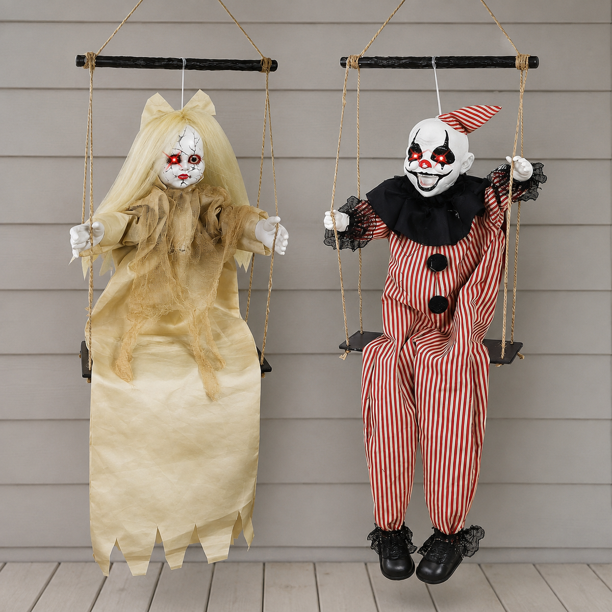 Set of 2 Hanging Clown and Doll Swing Decorations with Red Eye Lights and Sound for Halloween, product view 2