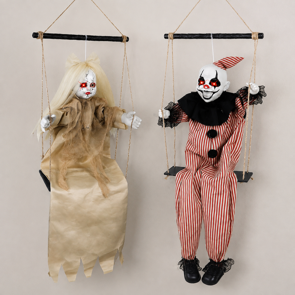 Set of 2 Hanging Clown and Doll Swing Decorations with Red Eye Lights and Sound for Halloween, product view 9