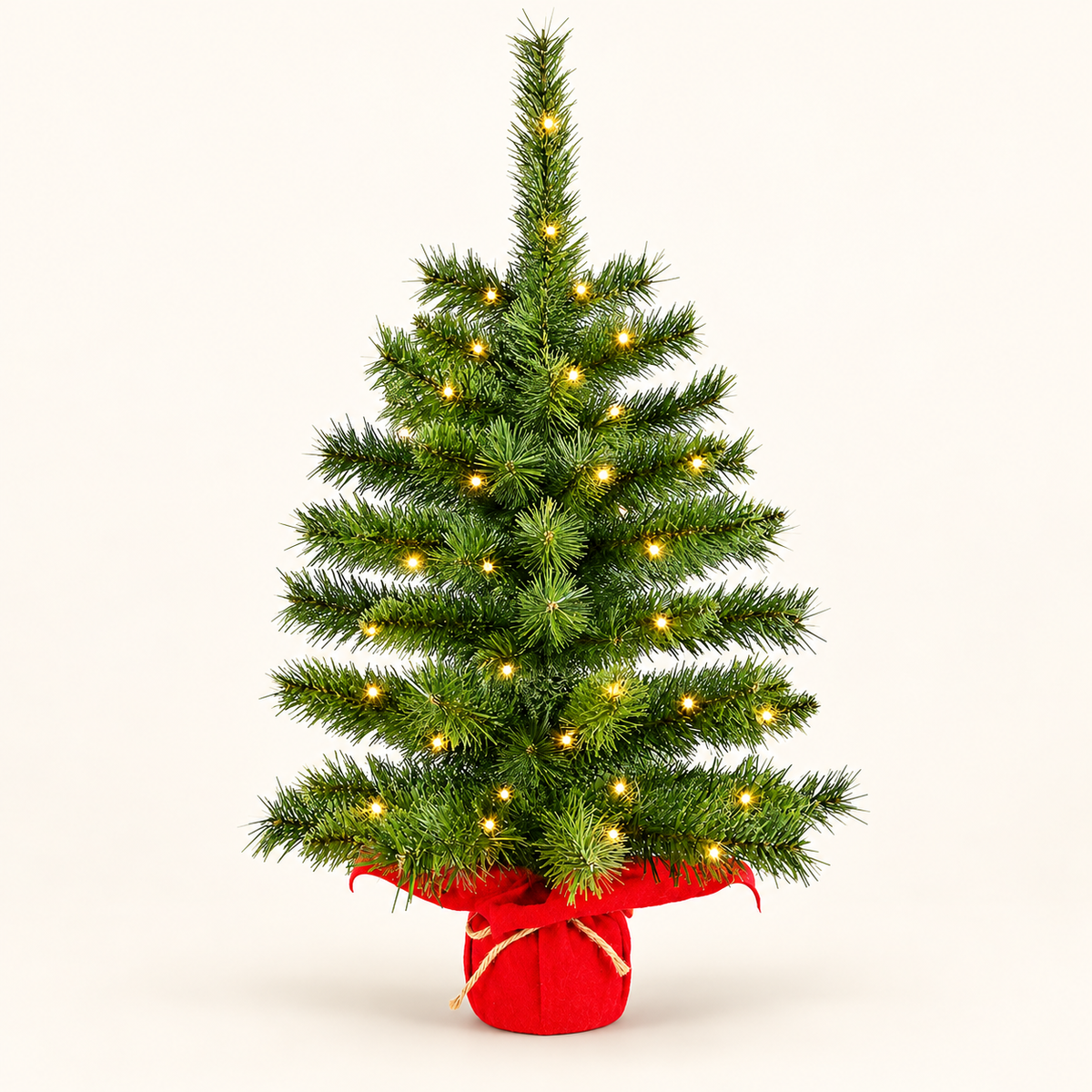 Mini Prelit Christmas Tree with Warm White Lights and Red Wrapped Base, Tabletop Holiday Decor