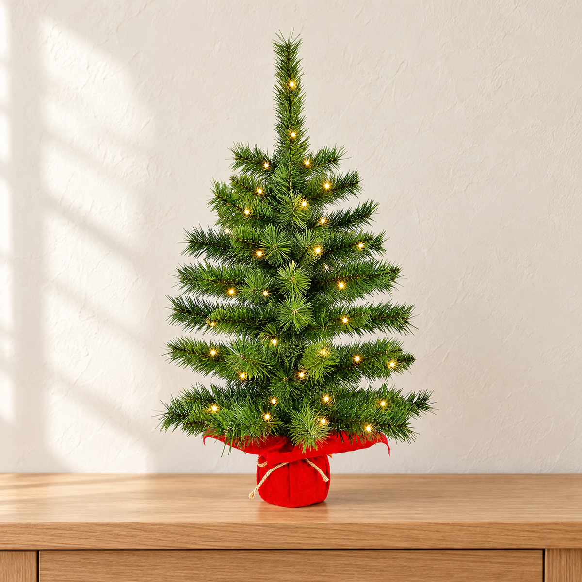 Mini Prelit Christmas Tree with Warm White Lights and Red Wrapped Base, Tabletop Holiday Decor