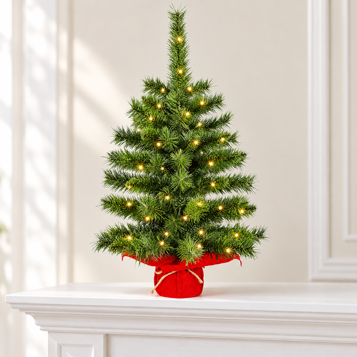 Mini Prelit Christmas Tree with Warm White Lights and Red Wrapped Base, Tabletop Holiday Decor
