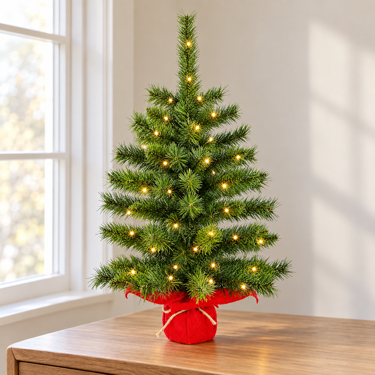 Mini Prelit Christmas Tree with Warm White Lights and Red Wrapped Base, Tabletop Holiday Decor