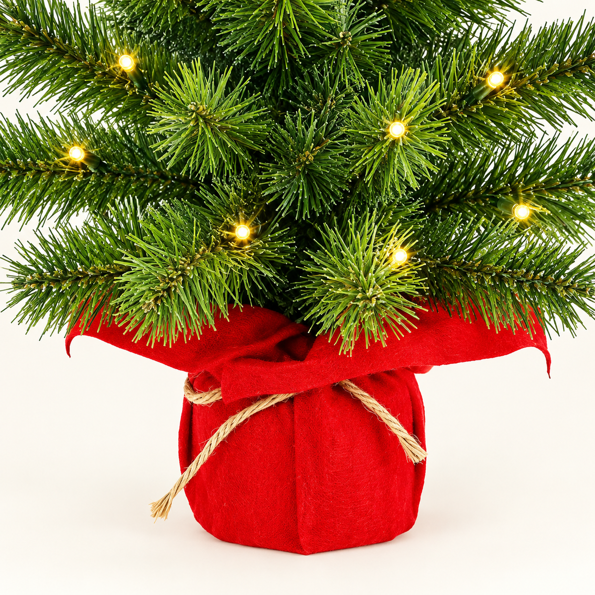 Mini Prelit Christmas Tree with Warm White Lights and Red Wrapped Base, Tabletop Holiday Decor