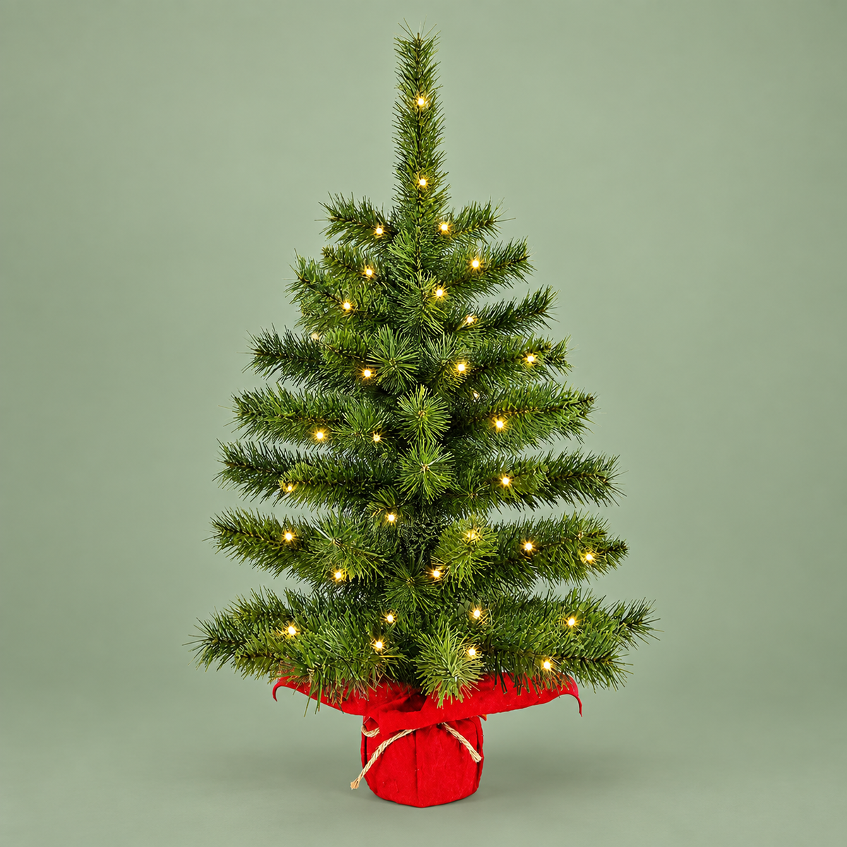 Mini Prelit Christmas Tree with Warm White Lights and Red Wrapped Base, Tabletop Holiday Decor