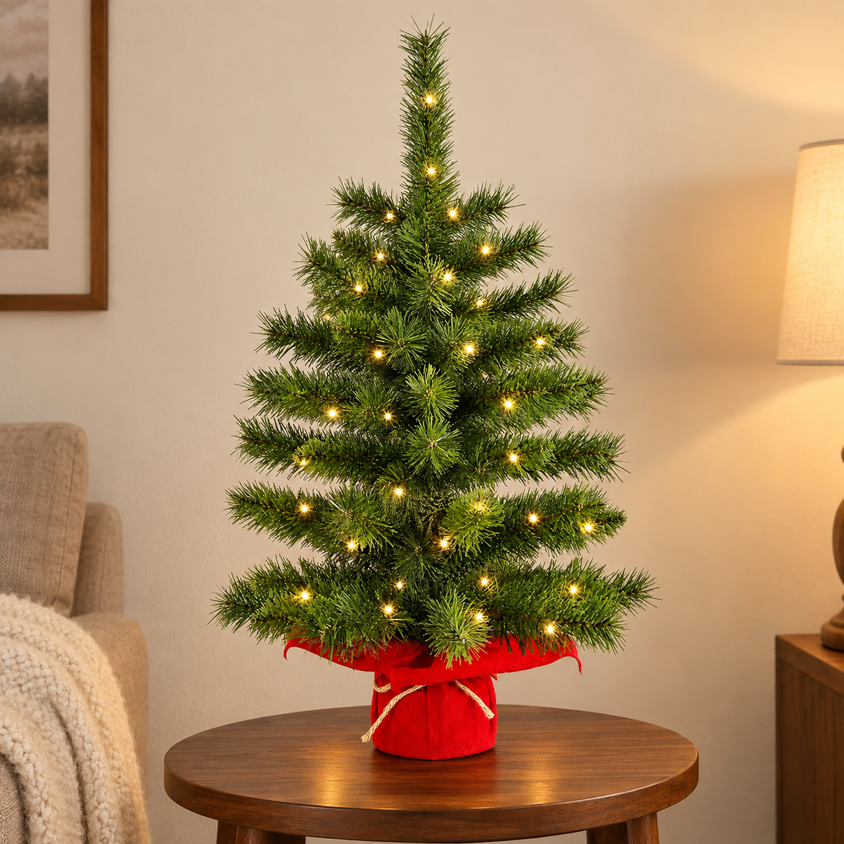 Mini Prelit Christmas Tree with Warm White Lights and Red Wrapped Base, Tabletop Holiday Decor