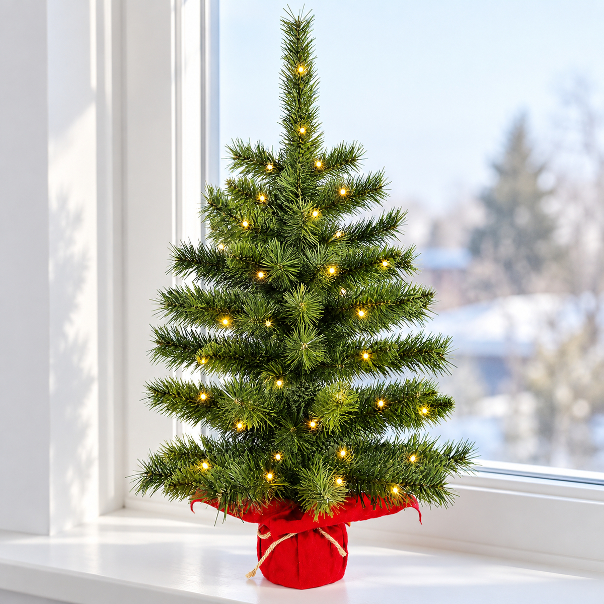 Mini Prelit Christmas Tree with Warm White Lights and Red Wrapped Base, Tabletop Holiday Decor