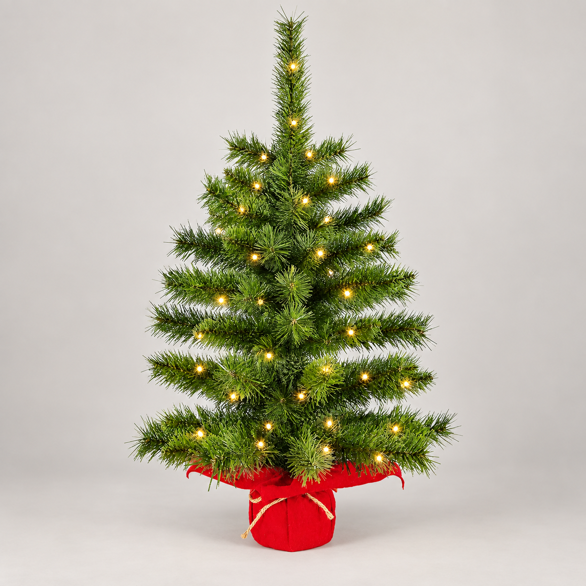 Mini Prelit Christmas Tree with Warm White Lights and Red Wrapped Base, Tabletop Holiday Decor