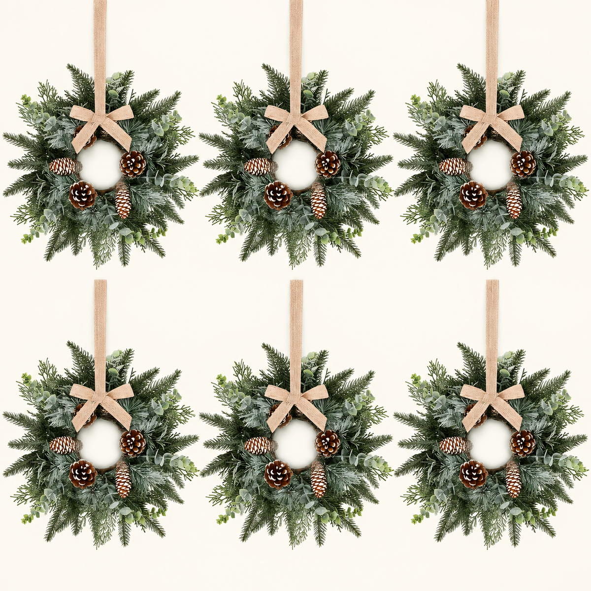 Set of 6 Mini Christmas Cabinet Wreaths with Burlap Bows, Frosted Greenery and Pinecones