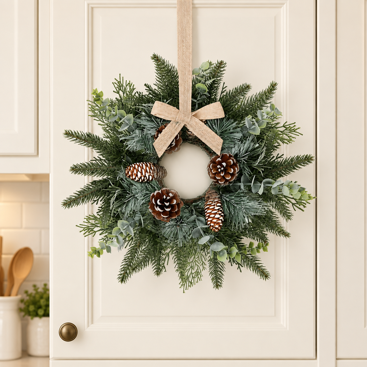 Set of 6 Mini Christmas Cabinet Wreaths with Burlap Bows, Frosted Greenery and Pinecones