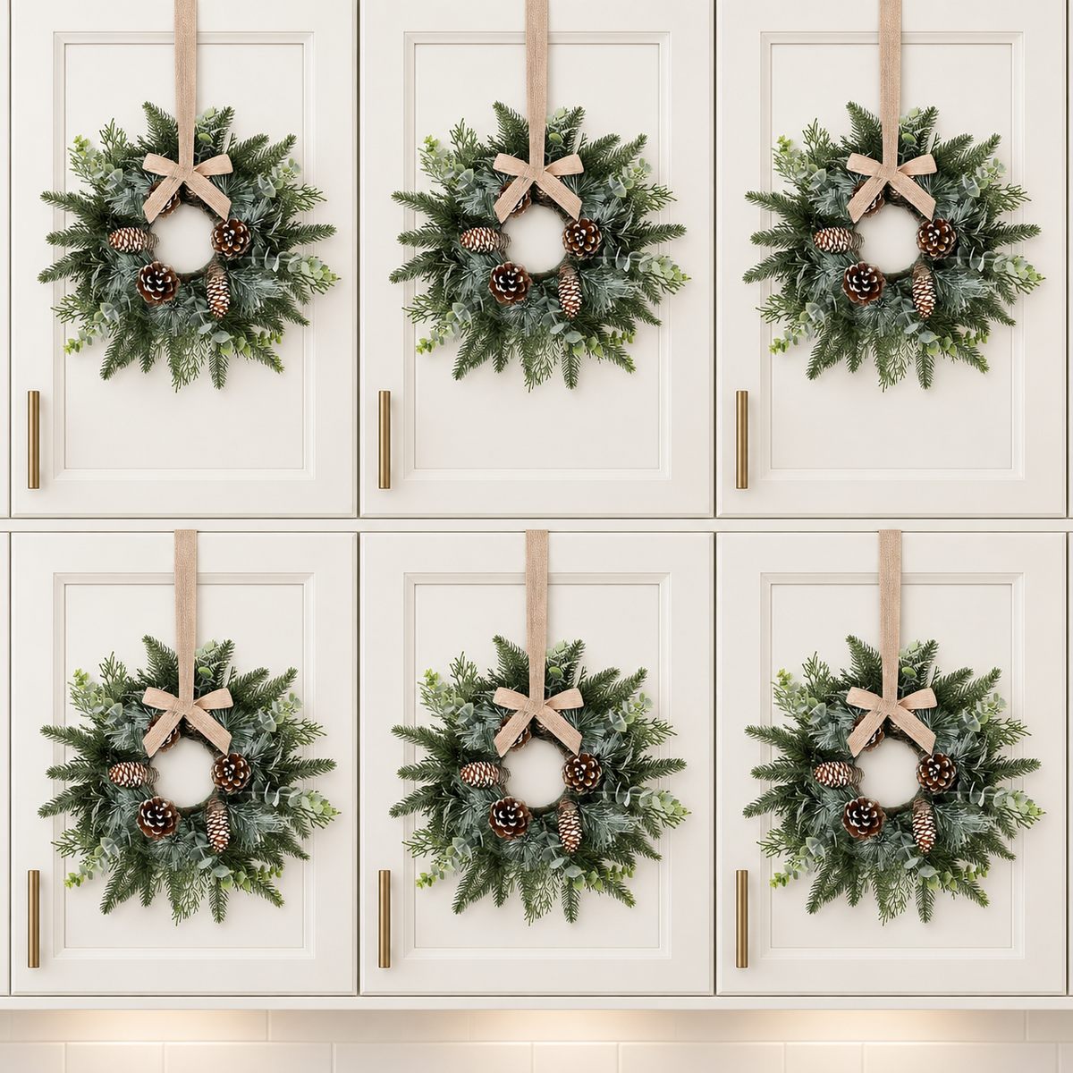 Set of 6 Mini Christmas Cabinet Wreaths with Burlap Bows, Frosted Greenery and Pinecones