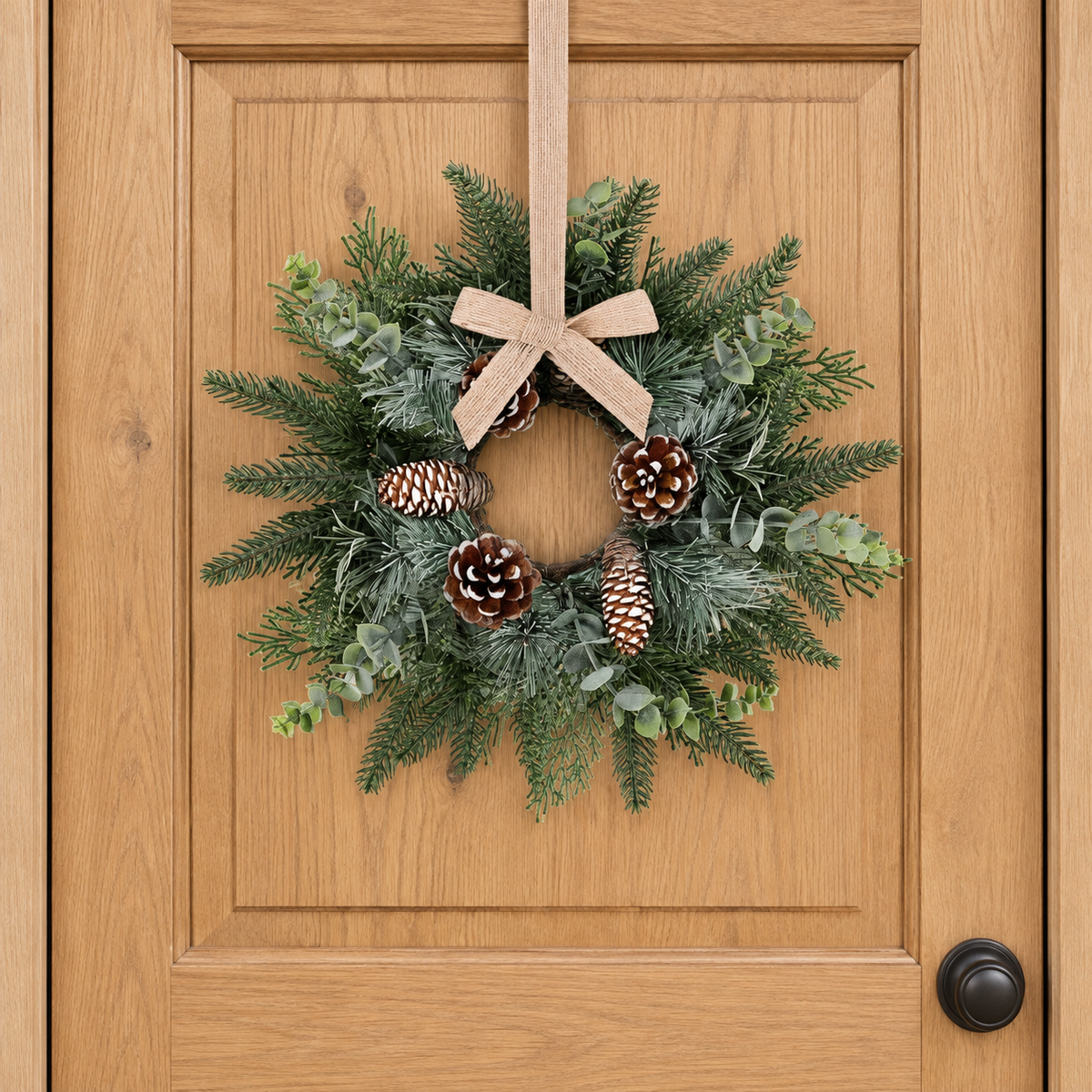 Set of 6 Mini Christmas Cabinet Wreaths with Burlap Bows, Frosted Greenery and Pinecones