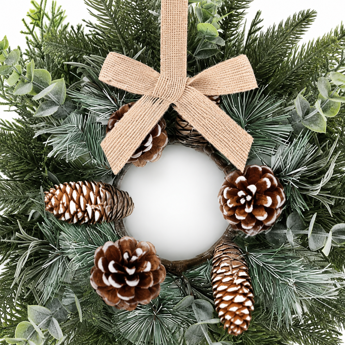Set of 6 Mini Christmas Cabinet Wreaths with Burlap Bows, Frosted Greenery and Pinecones