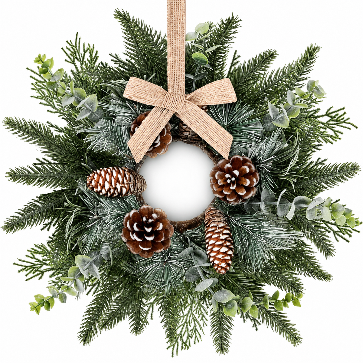 Set of 6 Mini Christmas Cabinet Wreaths with Burlap Bows, Frosted Greenery and Pinecones