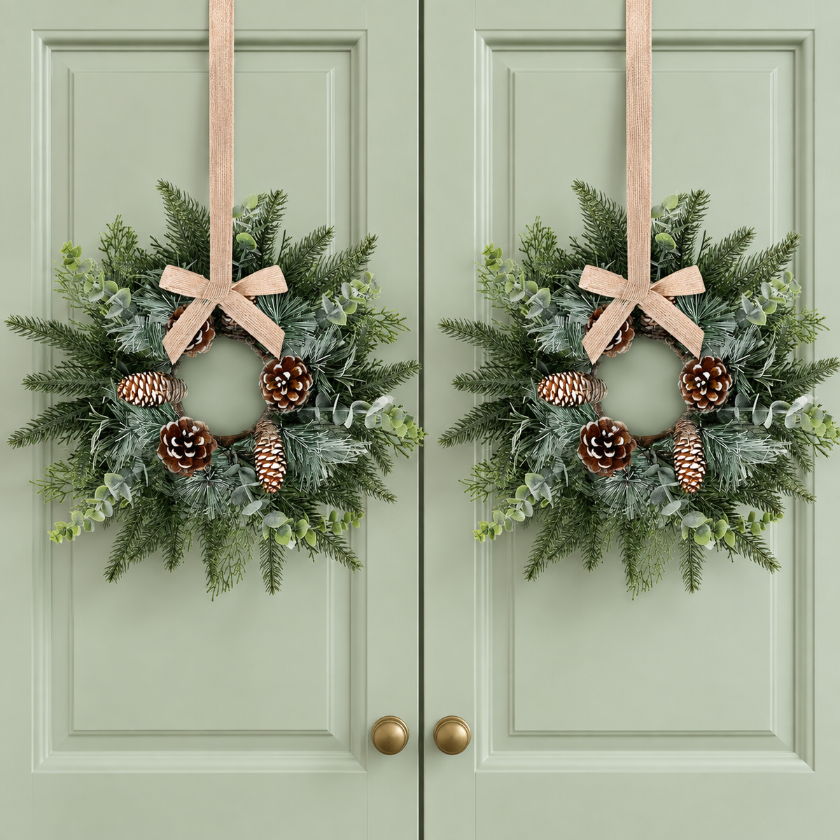 Set of 6 Mini Christmas Cabinet Wreaths with Burlap Bows, Frosted Greenery and Pinecones