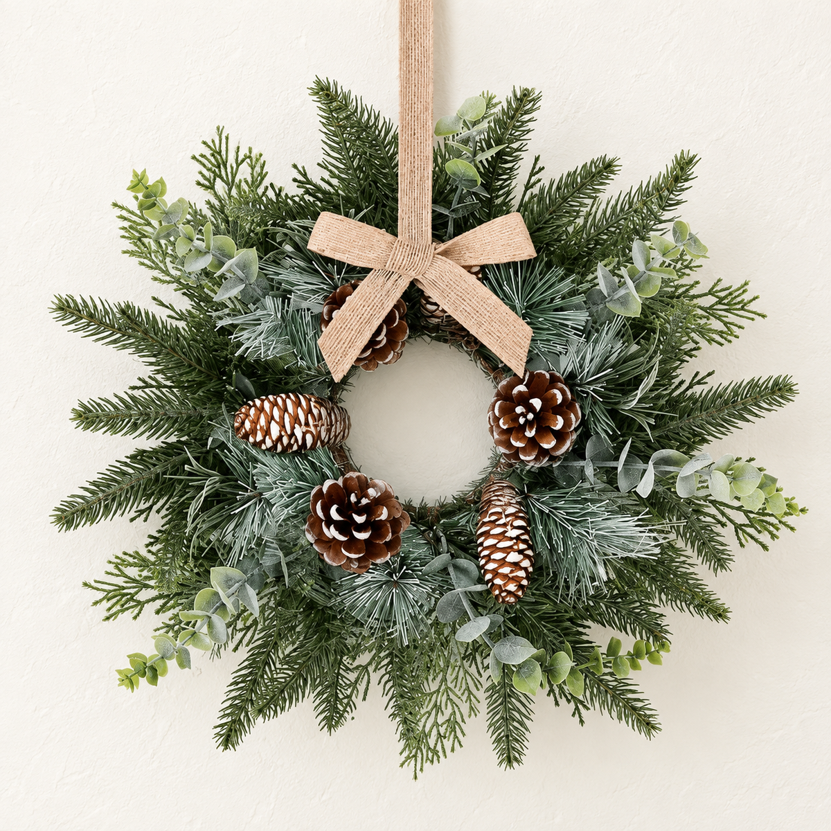 Set of 6 Mini Christmas Cabinet Wreaths with Burlap Bows, Frosted Greenery and Pinecones
