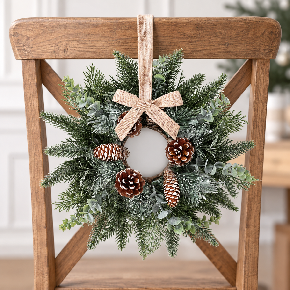 Set of 6 Mini Christmas Cabinet Wreaths with Burlap Bows, Frosted Greenery and Pinecones