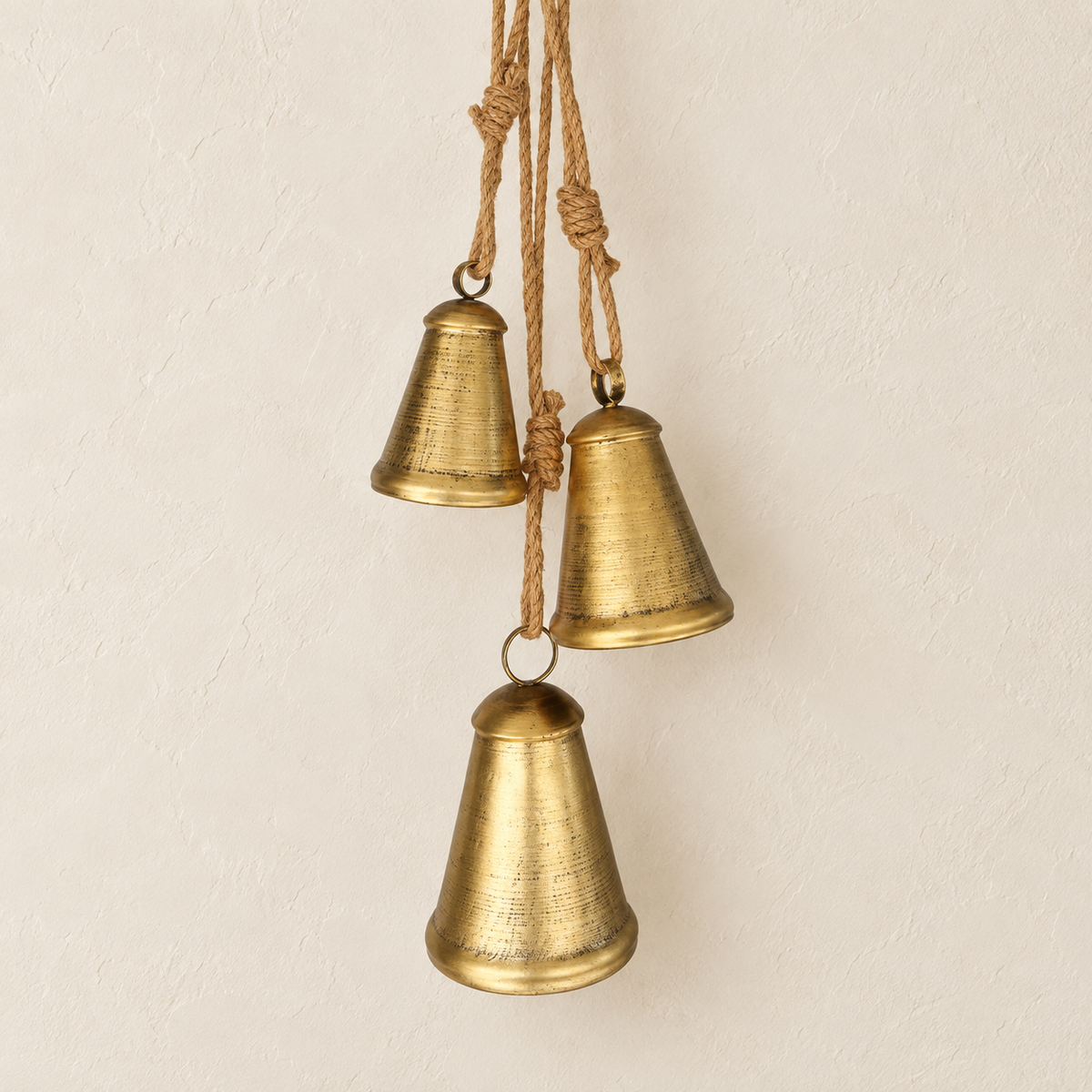 Set of 3 Brass Finish Hanging Iron Bells with Jute Ropes, Rustic Christmas Mantel and Door Decor