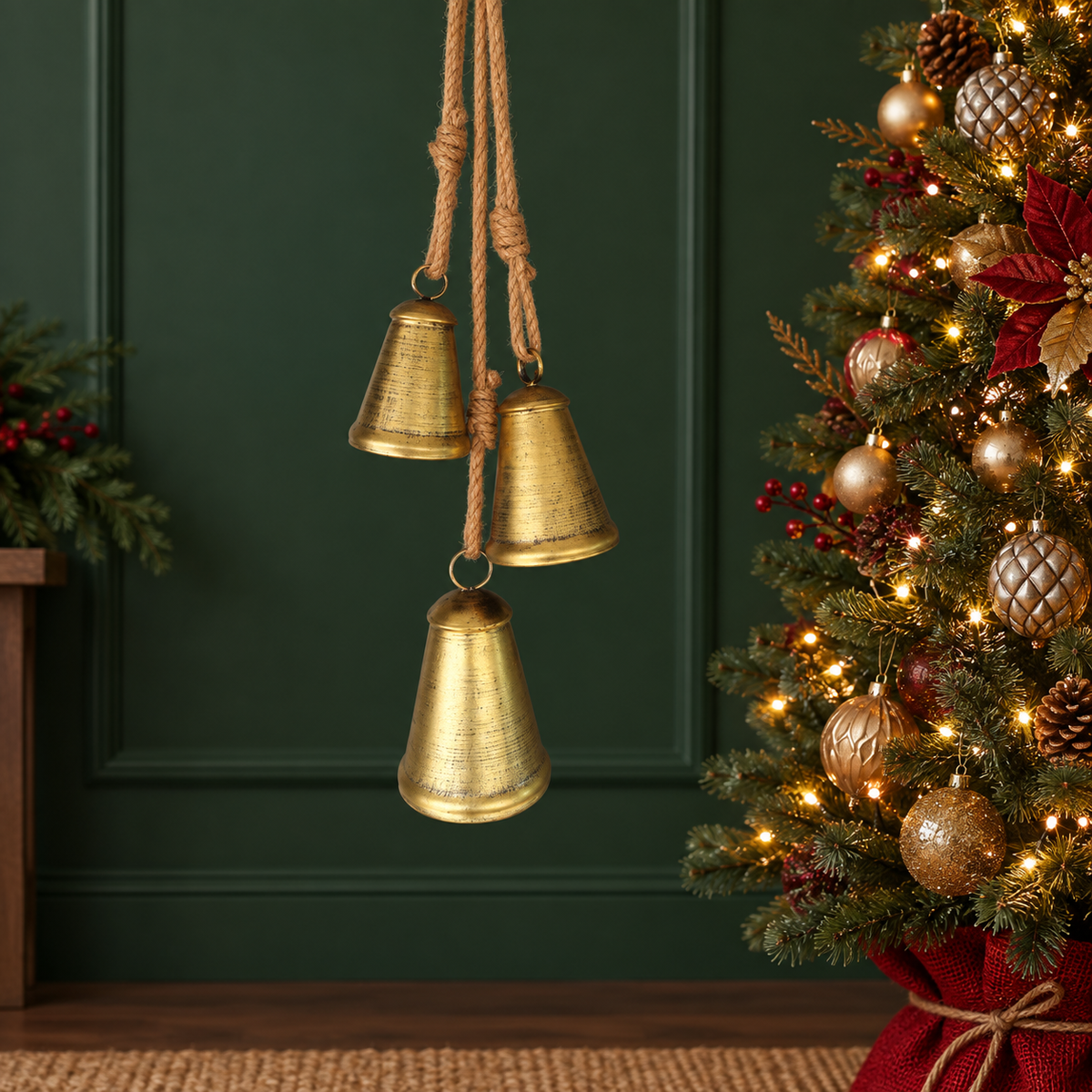 Set of 3 Brass Finish Hanging Iron Bells with Jute Ropes, Rustic Christmas Mantel and Door Decor