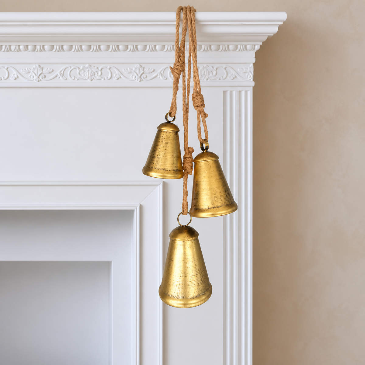 Set of 3 Brass Finish Hanging Iron Bells with Jute Ropes, Rustic Christmas Mantel and Door Decor