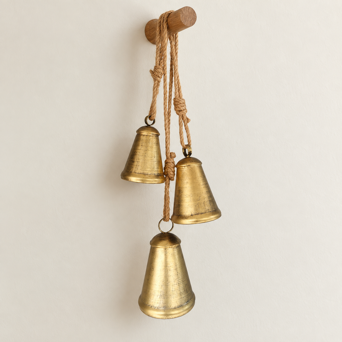 Set of 3 Brass Finish Hanging Iron Bells with Jute Ropes, Rustic Christmas Mantel and Door Decor