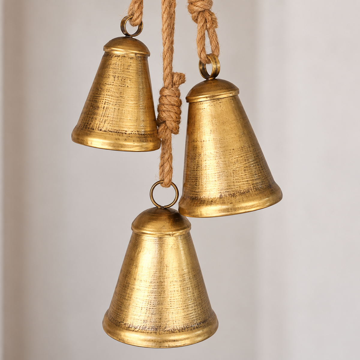 Set of 3 Brass Finish Hanging Iron Bells with Jute Ropes, Rustic Christmas Mantel and Door Decor
