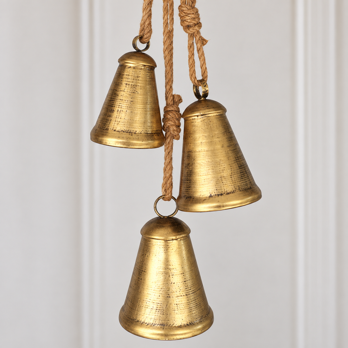 Set of 3 Brass Finish Hanging Iron Bells with Jute Ropes, Rustic Christmas Mantel and Door Decor