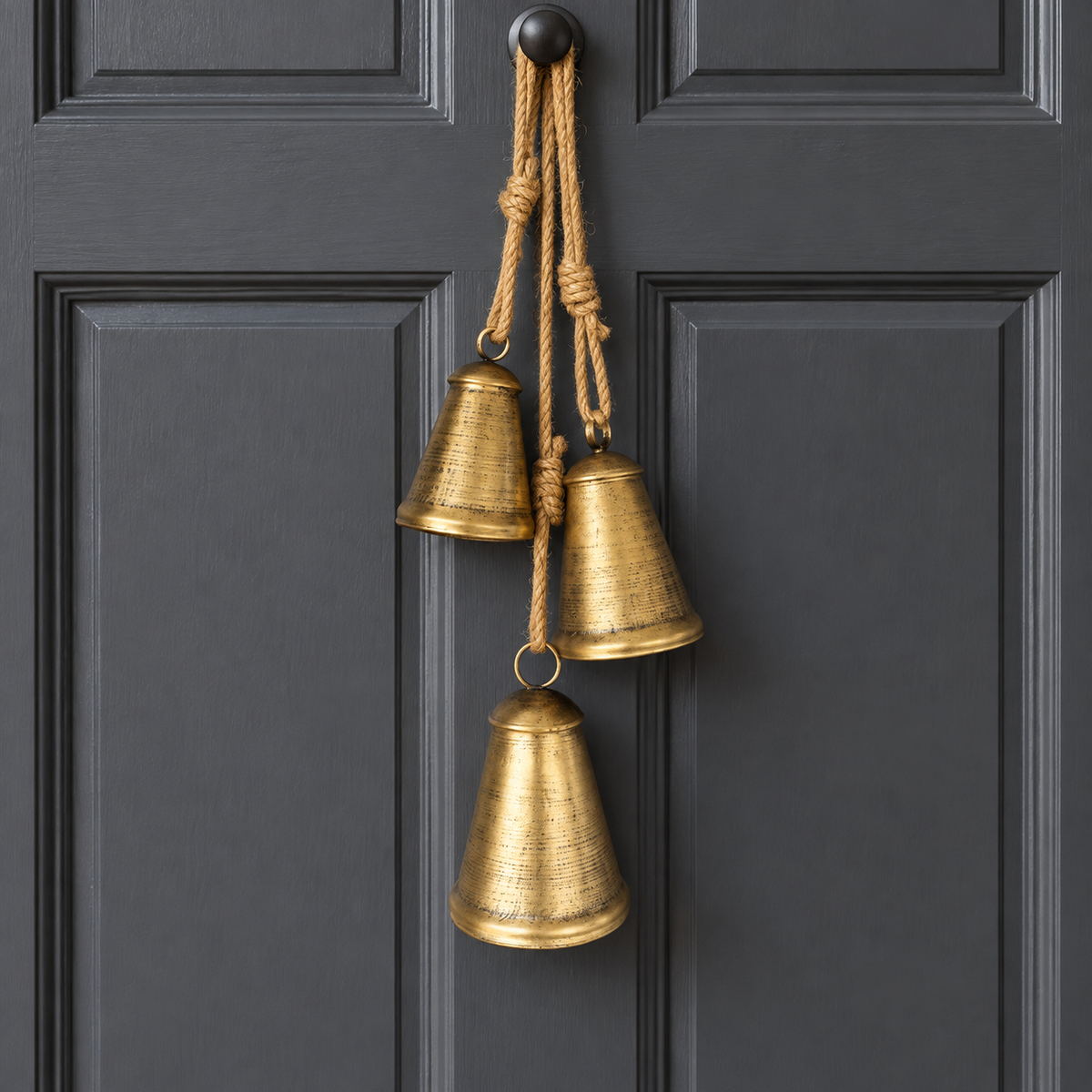 Set of 3 Brass Finish Hanging Iron Bells with Jute Ropes, Rustic Christmas Mantel and Door Decor