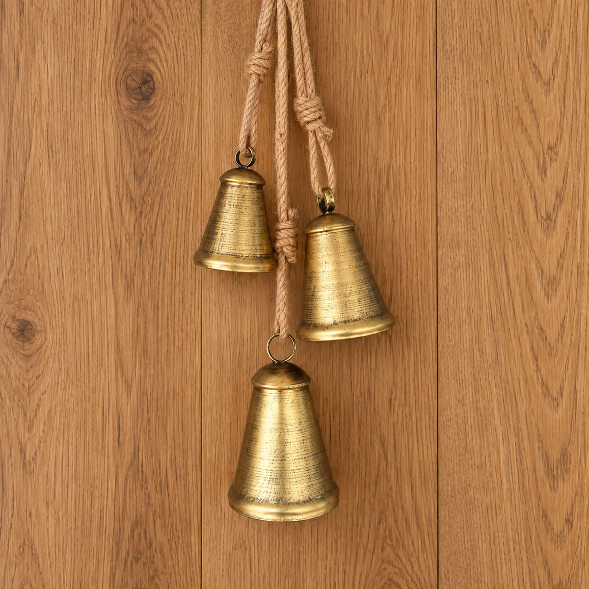 Set of 3 Brass Finish Hanging Iron Bells with Jute Ropes, Rustic Christmas Mantel and Door Decor