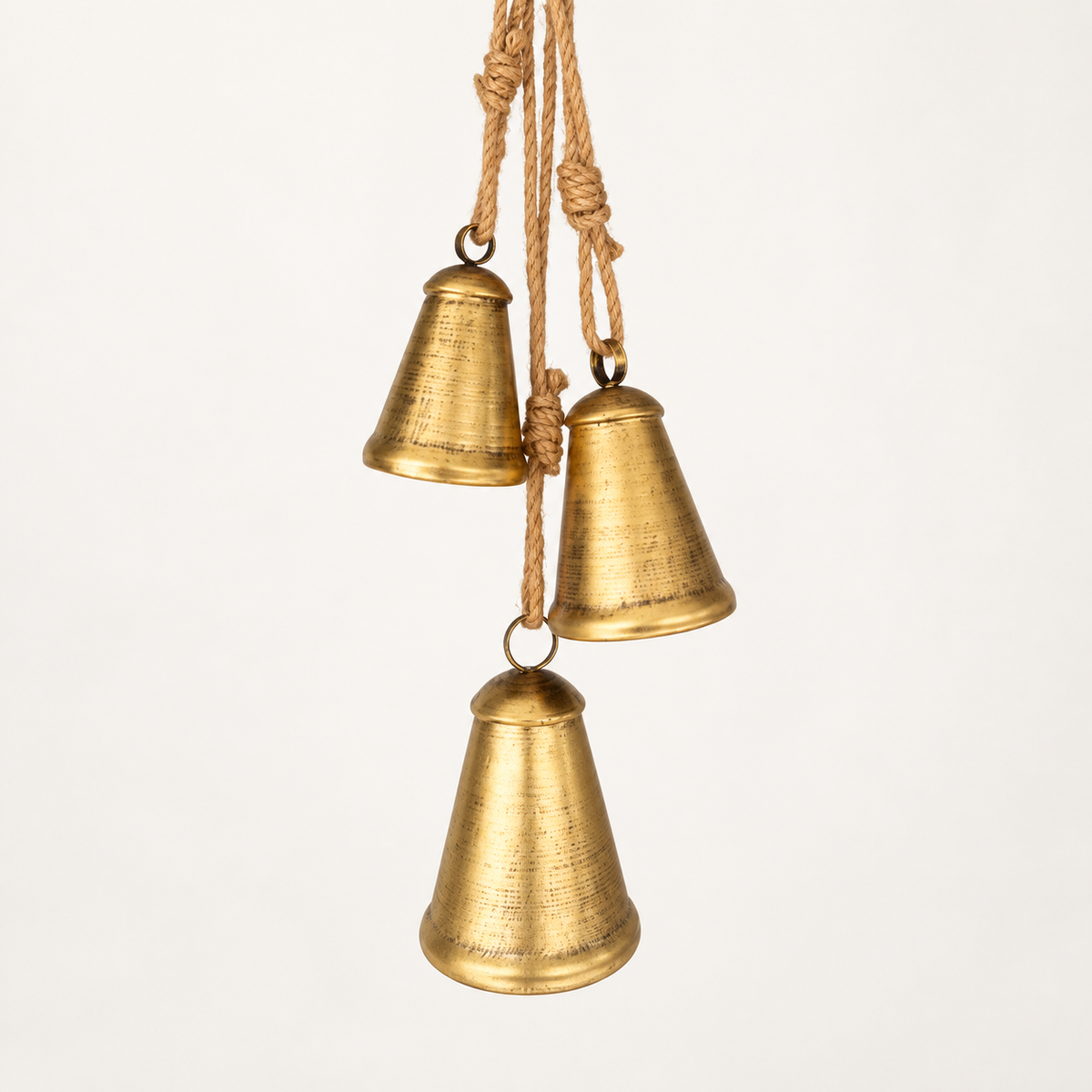 Set of 3 Brass Finish Hanging Iron Bells with Jute Ropes, Rustic Christmas Mantel and Door Decor