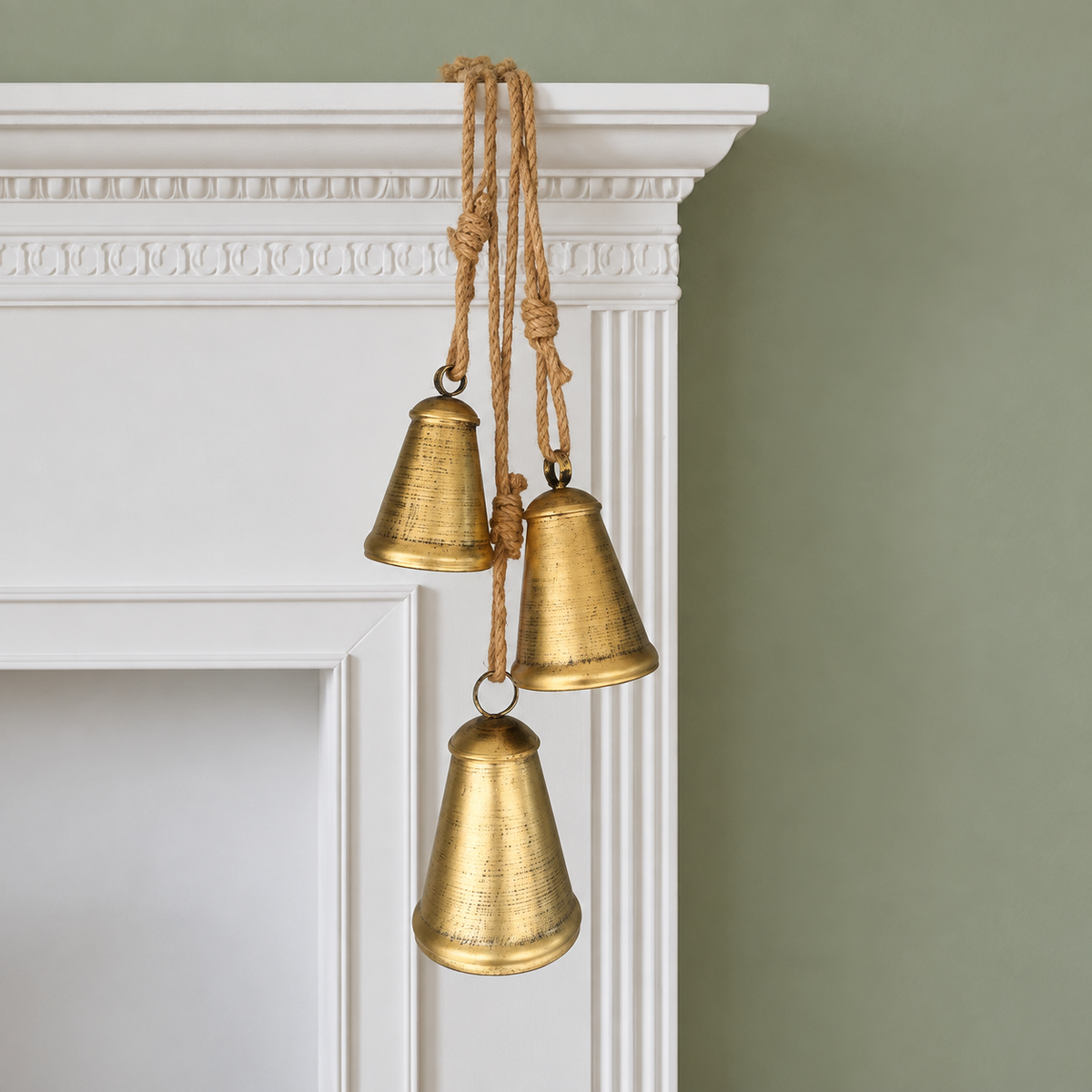 Set of 3 Brass Finish Hanging Iron Bells with Jute Ropes, Rustic Christmas Mantel and Door Decor