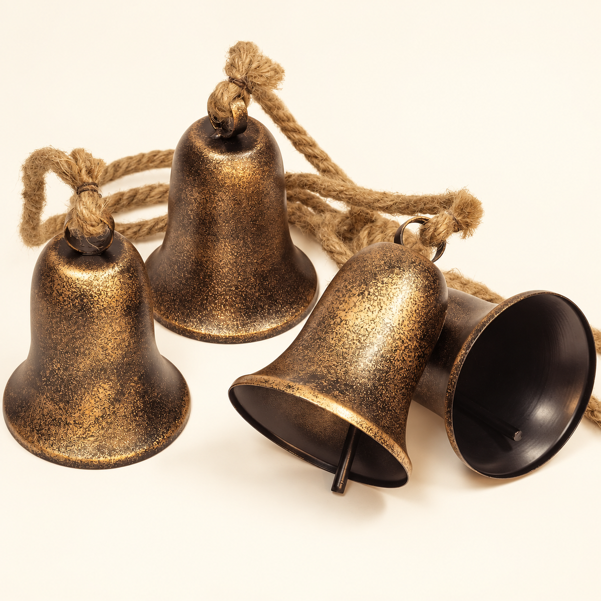 Four Bell Christmas Cluster with Jute Rope, Bronze and Gold Finish Hanging Holiday Decoration