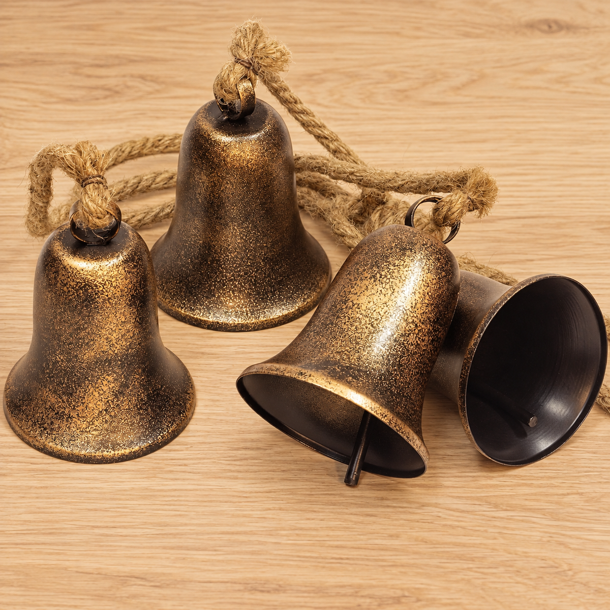 Four Bell Christmas Cluster with Jute Rope, Bronze and Gold Finish Hanging Holiday Decoration