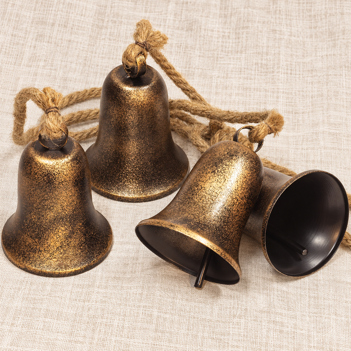 Four Bell Christmas Cluster with Jute Rope, Bronze and Gold Finish Hanging Holiday Decoration