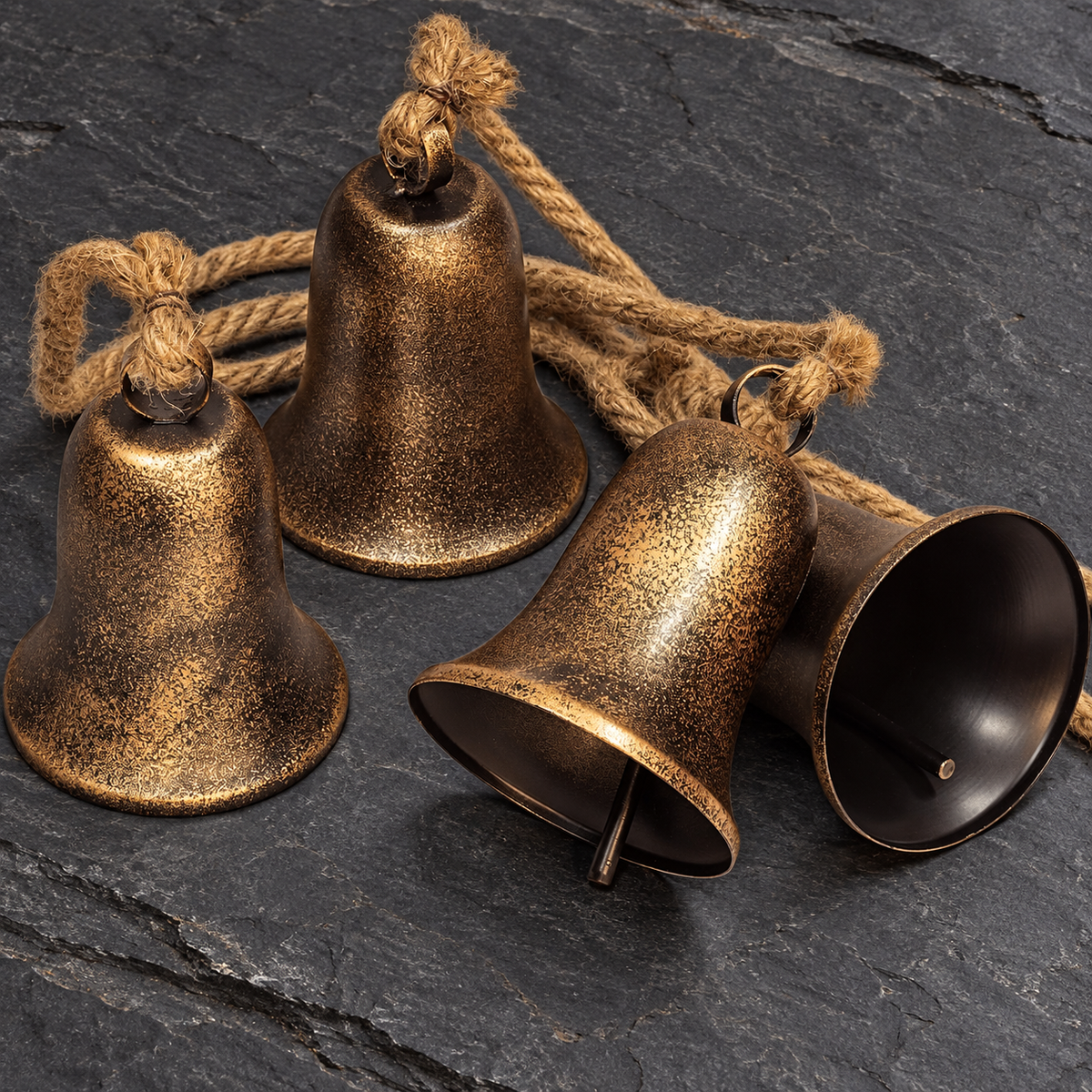 Four Bell Christmas Cluster with Jute Rope, Bronze and Gold Finish Hanging Holiday Decoration
