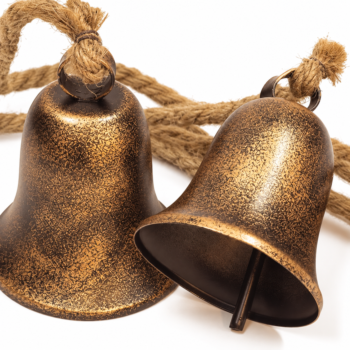 Four Bell Christmas Cluster with Jute Rope, Bronze and Gold Finish Hanging Holiday Decoration