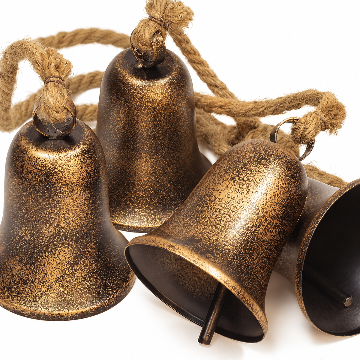 Four Bell Christmas Cluster with Jute Rope, Bronze and Gold Finish Hanging Holiday Decoration