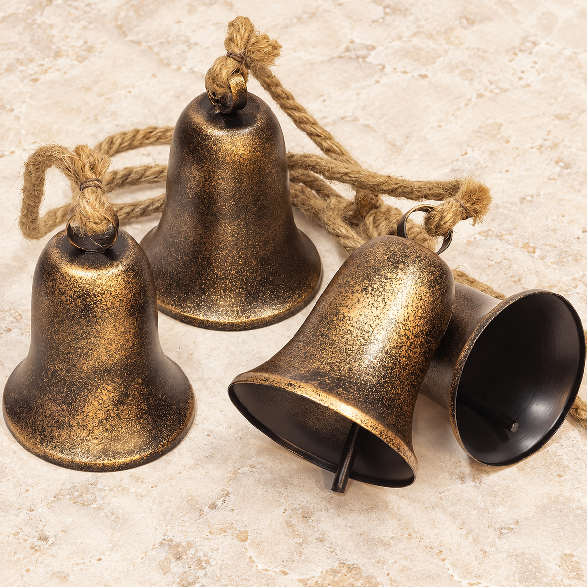 Four Bell Christmas Cluster with Jute Rope, Bronze and Gold Finish Hanging Holiday Decoration