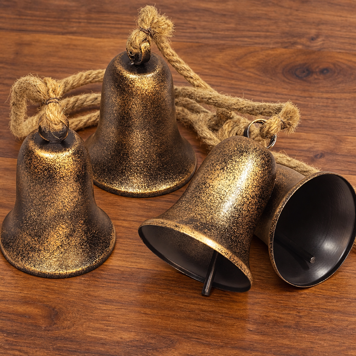 Four Bell Christmas Cluster with Jute Rope, Bronze and Gold Finish Hanging Holiday Decoration
