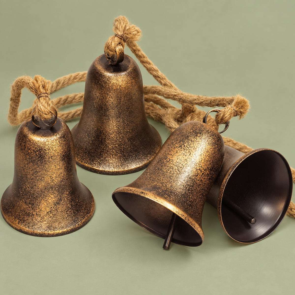 Four Bell Christmas Cluster with Jute Rope, Bronze and Gold Finish Hanging Holiday Decoration