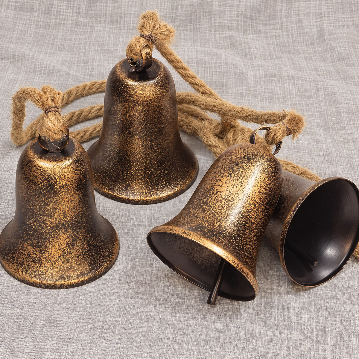 Four Bell Christmas Cluster with Jute Rope, Bronze and Gold Finish Hanging Holiday Decoration