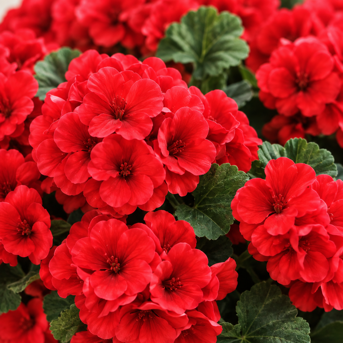 Six red geranium bundles — color detail