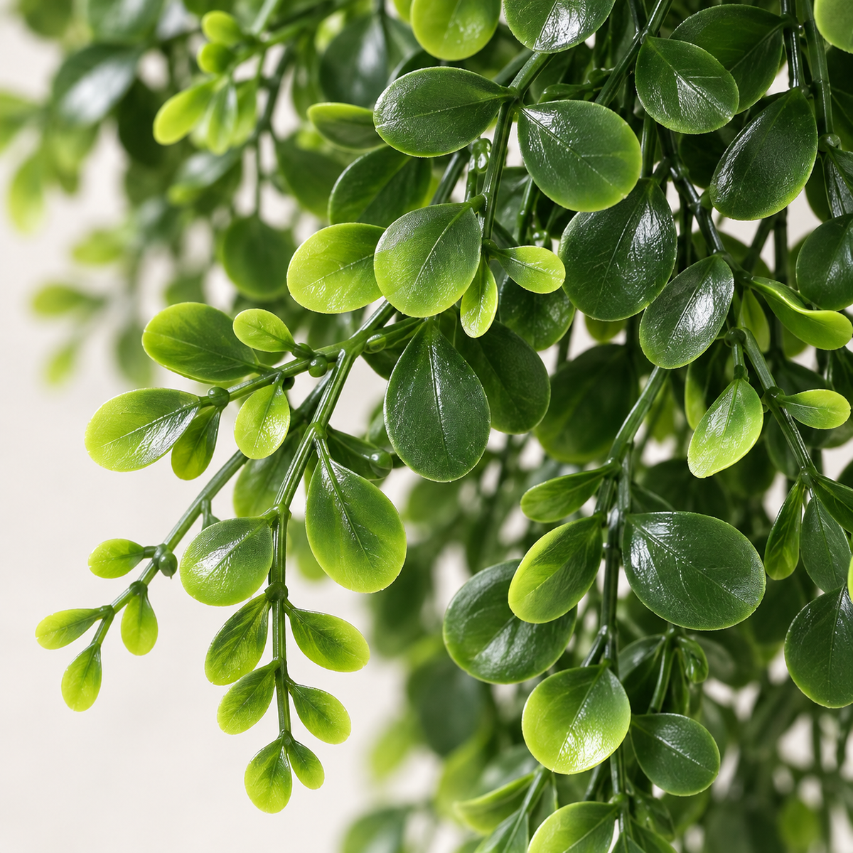 Four trailing artificial greenery bundles with small oval leaves — leaf detail