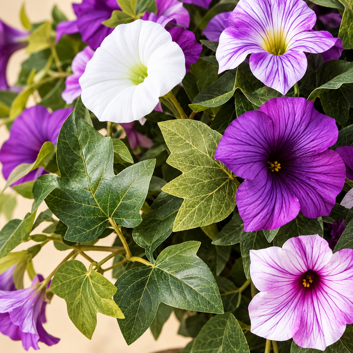 Two purple-white petunia bundles — leaf detail