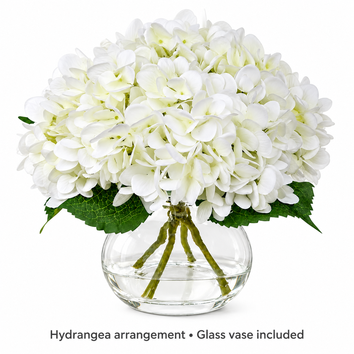 White hydrangea arrangement in glass vase with faux water — inclusions
