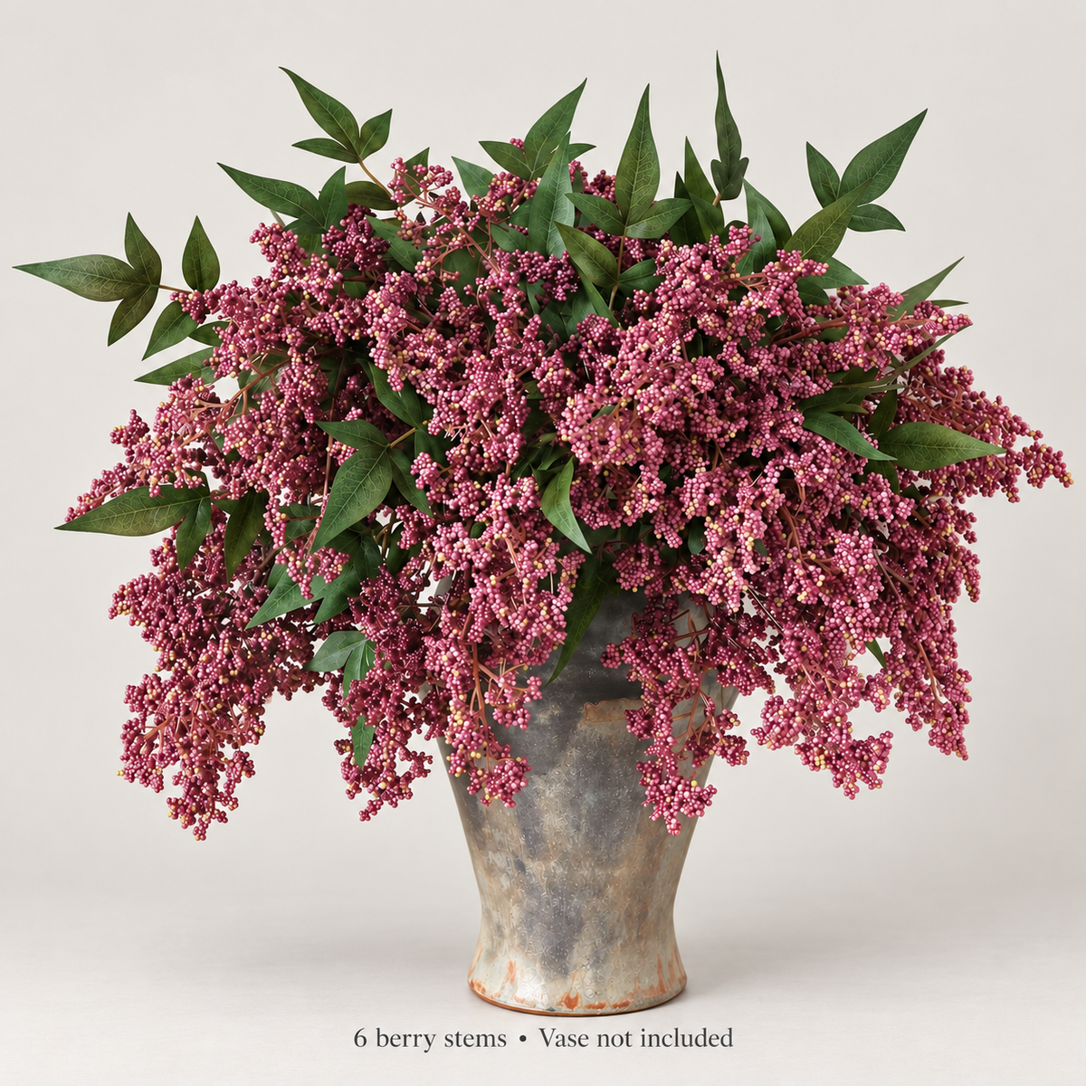 Six dusty-plum nandina berry stems — neutral studio