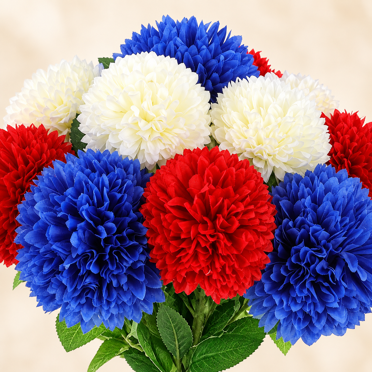 12 red, white and blue chrysanthemum stems, no vase - main product view