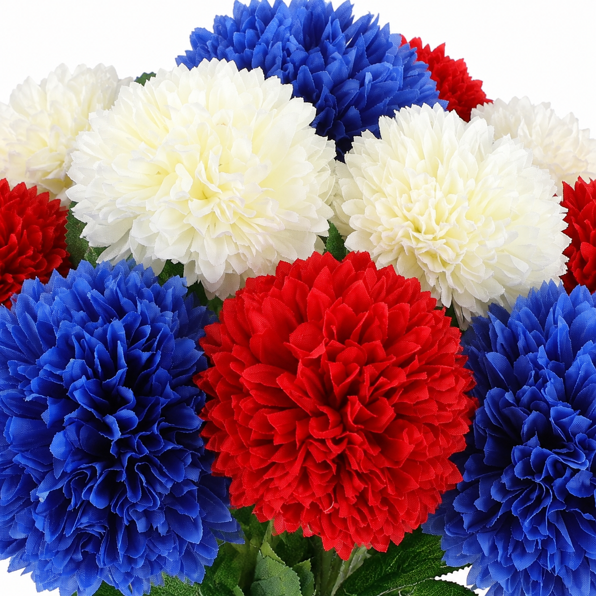 12 red, white and blue chrysanthemum stems, no vase - product detail and inclusion view 02