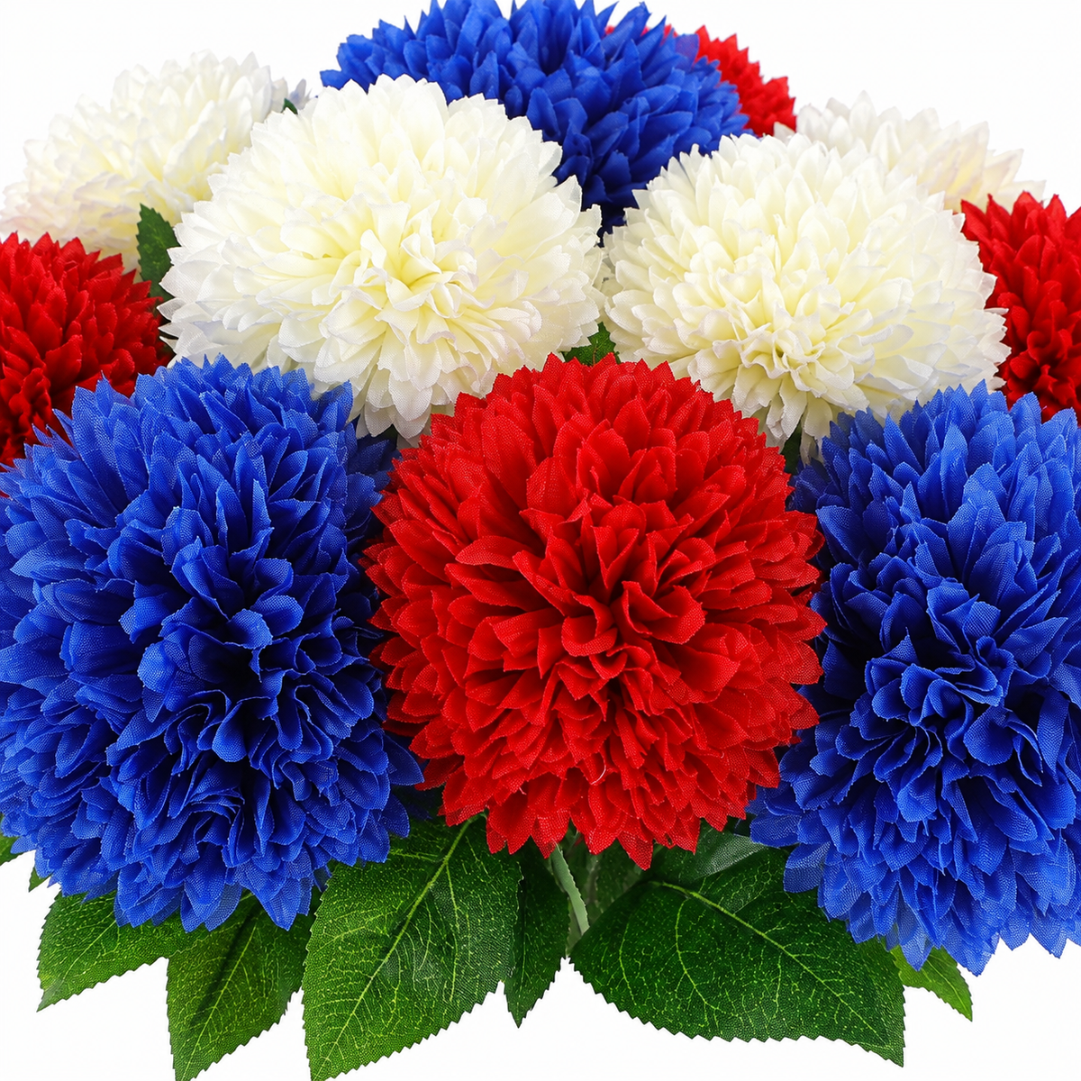 12 red, white and blue chrysanthemum stems, no vase - product detail and inclusion view 03