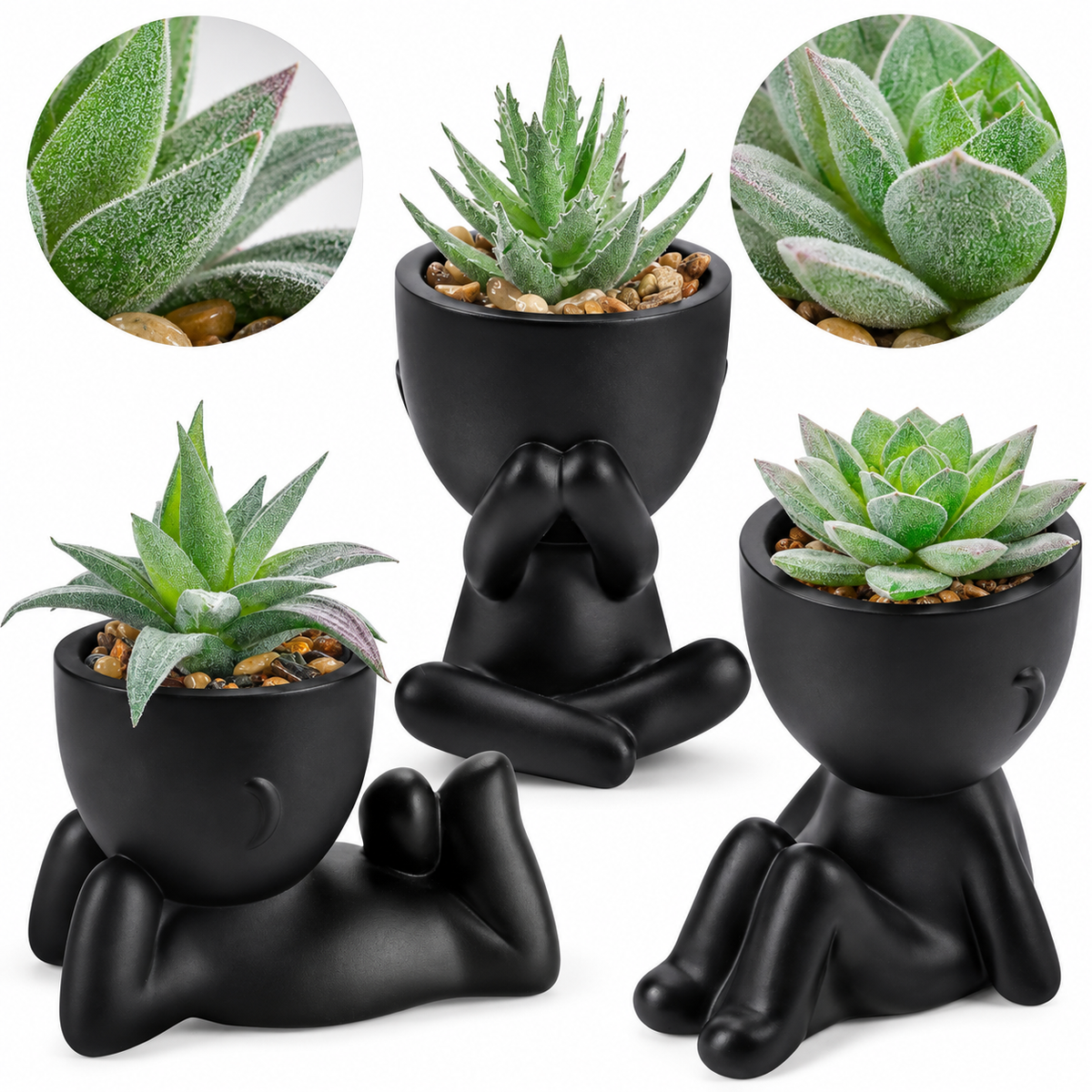 Three faux succulents in black person-shaped pots - product detail and inclusion view 02