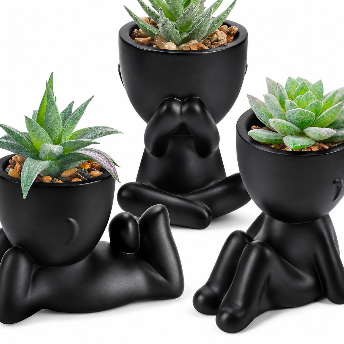 Three faux succulents in black person-shaped pots - product detail and inclusion view 04